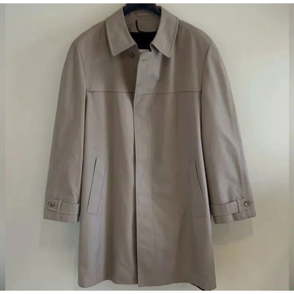 London Fog Men’s 42 Long  Zip Out Fur Lined Tan Beige Trench Coat Twill Shell
